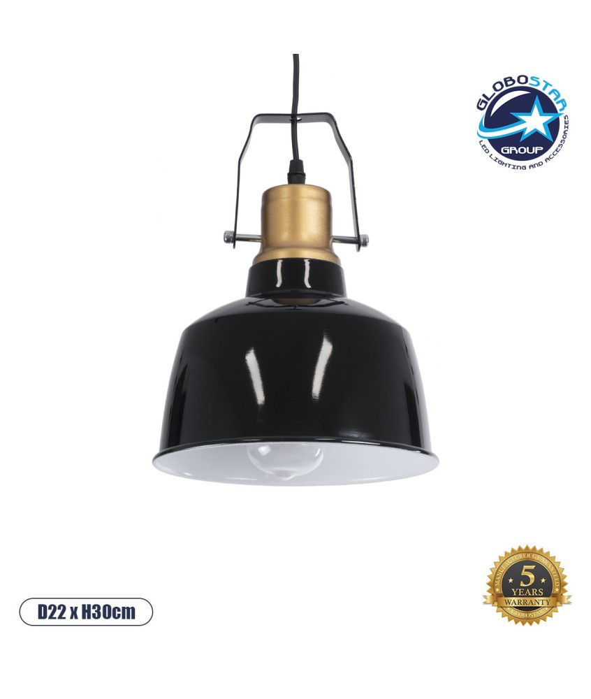 GLOBOSTAR® DEVOTA 01235 Vintage Κρεμαστό Φωτιστικό Οροφής με Ντουί 1 x E27 AC 220-240V IP20 - Μαύρο & Χρυσό - Μ22 x Π22 x Υ30cm